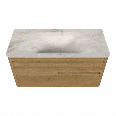 Mondiaz CIRO-DLUX Ensemble de meuble de salle de bains - 100x45x50cm - Vasque solid surface Frappe - 1 bassin au milieu - sans trous de robinet - 2 tiroirs - Chêne SW1530804