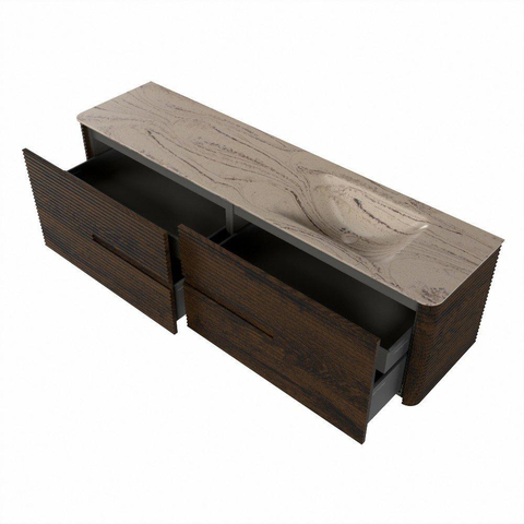 Mondiaz CIRO-DLUX Ensemble de meubles de salle de bains - 180x45x50cm - Plan-vasque solid surface Arena - 1 vasque à droite - sans trous de robinet - 4 tiroirs - Noyer SW1530474