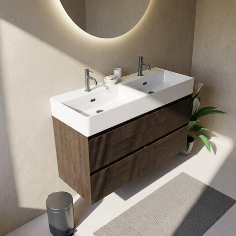 Saniclass Holz Atelier Ensemble de meubles de salle de bains - 120x45x72cm - lavabo Legend en céramique blanc - 2 vasques - 2 trous de robinet - 2 tiroirs - chêne charcoal mat (bois) SW1478524