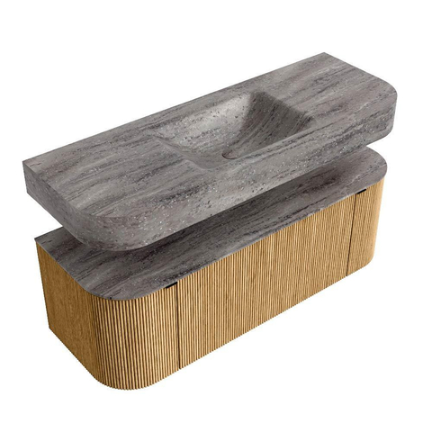 MONDIAZ THOR-DLUX 130cm meuble de salle de bains arrondi gauche + droite couleur Oak avec 1 tiroir et 2 portes. Vasque suspendue CLOUD Milieu 1 trou de robinet couleur Oza. SW1463960