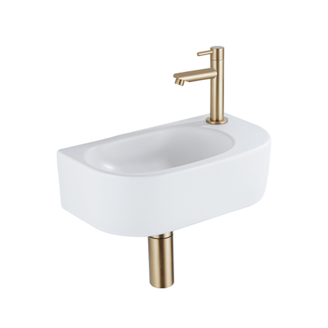 QeramiQ Fuente pack lave-mains – 40 x 21,5 x 12 cm – céramique blanc mat – perçage à droite – robinet doré brossé SW1232820