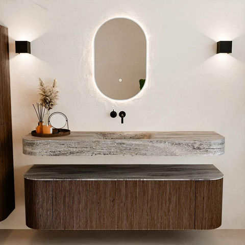 MONDIAZ THOR-DLUX 160cm meuble de salle de bains arrondi gauche + droite couleur Walnut avec 1 tiroir et 2 portes. Vasque suspendue CLOUD Milieu sans trou de robinet couleur Oza. SW1465300