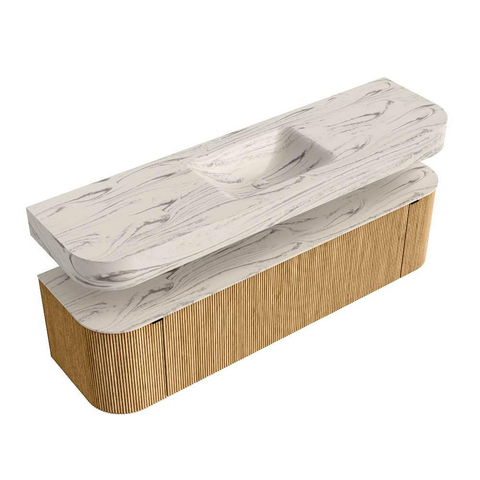 MONDIAZ THOR-DLUX Meuble de salle de bains 170cm arrondi gauche + droite couleur Oak avec 1 tiroir et 2 portes. Vasque suspendue CLOUD Milieu sans trou de robinet couleur Nata. SW1465770