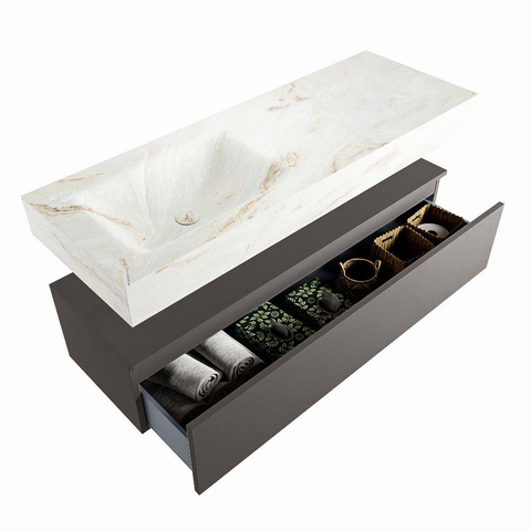 Mondiaz ALAN-DLUX Ensemble de meuble - 130cm - meuble Dark grey mat - 1 tiroir - Lavabo Cloud Frappe suspendu - vasque Gauche - 1 trou de robinet SW805465