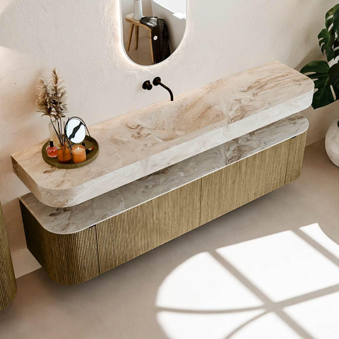 MONDIAZ THOR-DLUX 200cm meuble de salle de bains arrondi gauche + droite couleur Dusk avec 2 tiroirs et 2 portes. Vasque suspendue CLOUD Milieu sans trou de robinet couleur Frappe. SW1466823