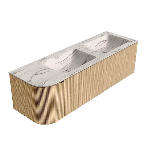 MONDIAZ KURVE-DLUX Meuble de salle de bains 145cm arrondi à gauche couleur Oak avec 1 tiroir et 1 porte. Lavabo LEAF Double / Robinetterie à droite sans trou de robinet Nata. SW1432113