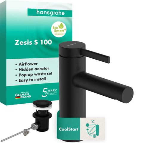 Hansgrohe Zesis S wastafelkraan - model 100 - coolstart - met trekwaste - mat zwart SW1567399