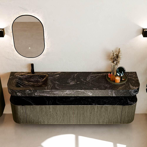 MONDIAZ THOR-DLUX 200cm meuble de salle de bains arrondi gauche + droite couleur Shadow avec 2 tiroirs et 2 portes. Vasque suspendue CLOUD Gauche 1 trou de robinet couleur Lava. SW1467042