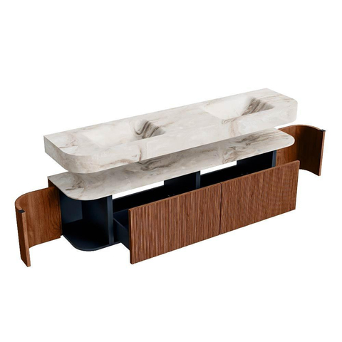 MONDIAZ THOR-DLUX Meuble de salle de bains 190cm arrondi gauche + droite couleur Ruby avec 2 tiroirs et 2 portes. Vasque suspendue CLOUD Double sans trou de robinet couleur Frappe. SW1466487
