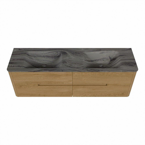 Mondiaz CIRO-DLUX Badkamermeubelset - 160x45x50cm - Solid surface wastafel Sombra - 2 wasbak Dubbel - 2 kraangaten - 4 lades - Oak SW1531252