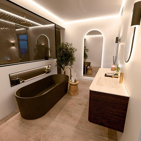 Mondiaz CIRO-DLUX Badkamermeubelset - 160x45x50cm - Solid surface wastafel Meli - 1 wasbak Rechts - 1 kraangat - 4 lades - Walnut SW1530630
