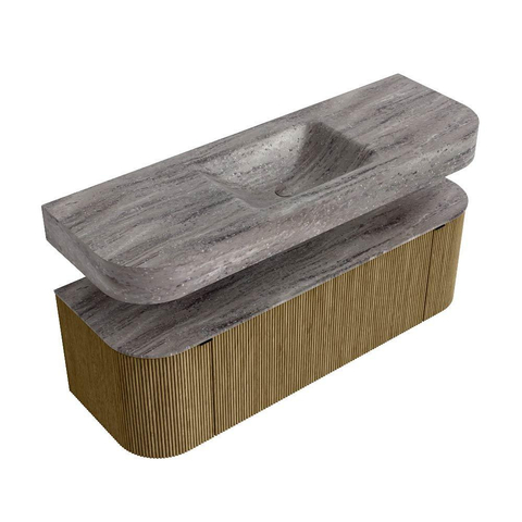 MONDIAZ THOR-DLUX 140cm meuble de salle de bains arrondi gauche + droite couleur Dusk avec 1 tiroir et 2 portes. Vasque suspendue CLOUD Milieu sans trou de robinet couleur Oza. SW1464277