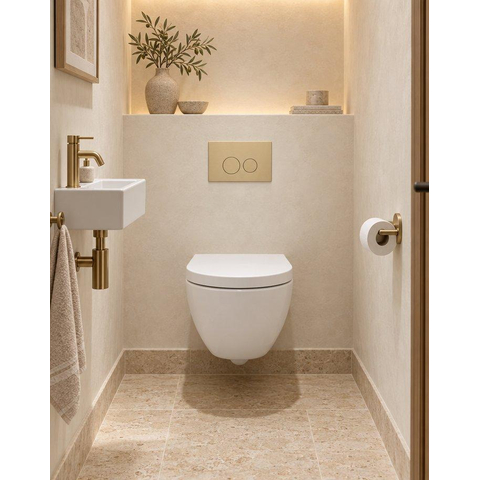 QeramiQ Dely Swirl Compact Toiletset - inbouwreservoir QeramiQ flush - 25mm zitting - kunststof bedieningsplaat beige - ronde knoppen - glans wit SW1590612