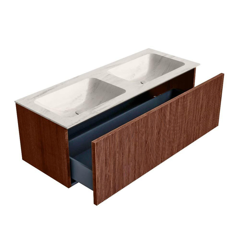 MONDIAZ KURVE-DLUX Meuble de salle de bains 120 cm couleur Ruby avec 1 tiroir et 0 porte. Lavabo LEAF Double 2 trous de robinet Meli. SW1432007