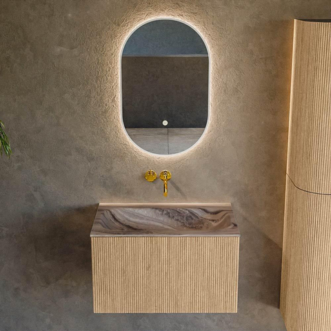 MONDIAZ KURVE-DLUX 70cm badmeubel kleur Oak met 1 lade en 0 deuren. Wastafel BIG SMALL Midden zonder kraangat Sombra. SW1433538