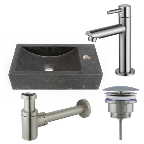 Saniclass Fuente fonteinset – rechthoekig – 40x22x10 cm – natuursteen zwart – kraan RVS SW1111503