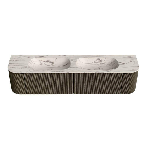 MONDIAZ KURVE-DLUX 190cm meuble de salle de bains arrondi Gauche + Droite couleur Shadow avec 2 tiroirs et 2 portes. Lavabo STOR SMALL Double 2 trous de robinet Nata. SW1432335