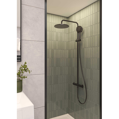 MAY ensemble de douche pluie thermostatique apparent – douche de tête Ø 25 cm – douchette 3 jets – flexible de douche métallique – noir mat SW1224665