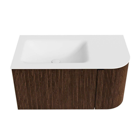 MONDIAZ KURVE Meuble de salle de bains 85 cm avec module 25 R couleur Walnut avec 1 tiroir et 1 porte. Lavabo CLOUD gauche sans trou de robinet Talc. SW1138251