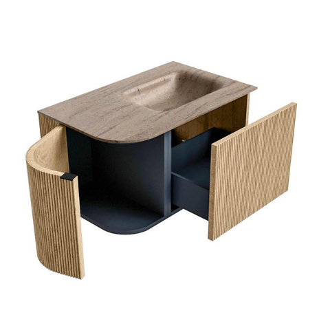 MONDIAZ KURVE-DLUX Meuble de salle de bains 75cm arrondi gauche couleur Oak avec 1 tiroir et 1 porte. Lavabo GRUNNE droit 1 trou de robinet Saba. SW1433043