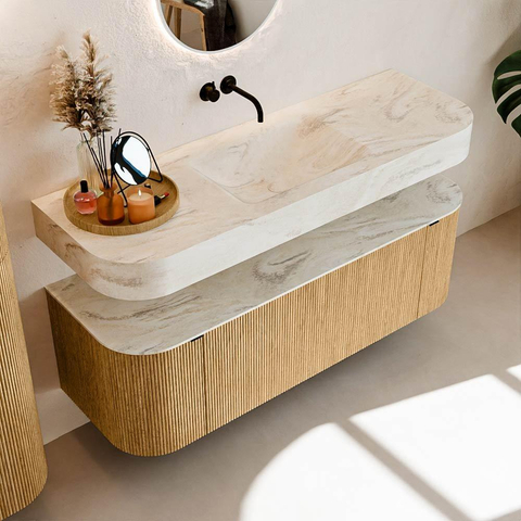 MONDIAZ THOR-DLUX Meuble de salle de bains 140cm arrondi gauche + droite couleur Oak avec 1 tiroir et 2 portes. Vasque suspendue CLOUD Milieu sans trou de robinet couleur Ostra. SW1463940
