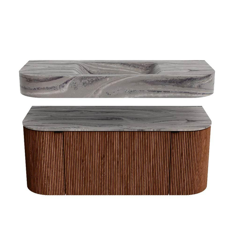 MONDIAZ THOR-DLUX 110cm badmeubel ronding links + rechts kleur Ruby met 1 lade en 2 deuren. Vrijhangende wastafel CLOUD Midden zonder kraangat kleur Sombra. SW1463063