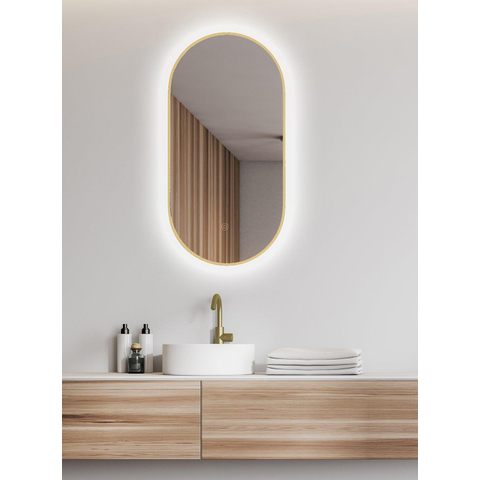 Wiesbaden Nomi Spiegel - met lijst ovaal - met LED dimbaar en spiegelverwarming - 50x100cm - goud SW892034