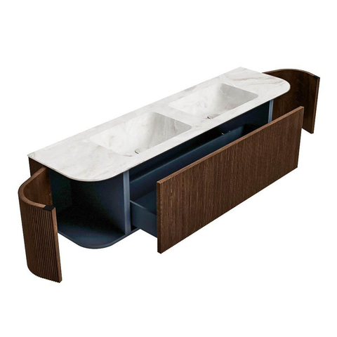 MONDIAZ KURVE-DLUX 170cm badmeubel met module 25 Len R kleur Walnut met 1 lade en 2 deuren. Wastafel LEAF dubbel zonder kraangat kleur Frappe. SW1137457