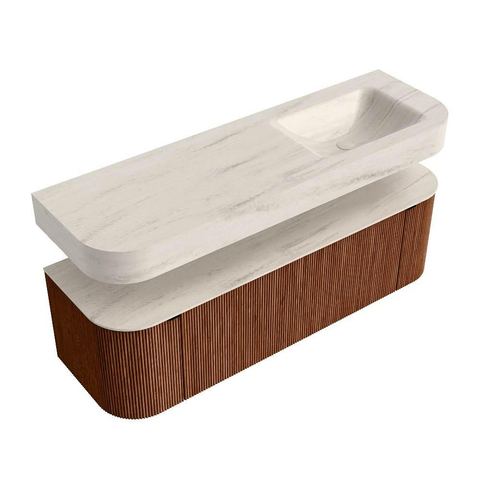 MONDIAZ THOR-DLUX 150cm meuble de salle de bains arrondi gauche + droite couleur Ruby avec 1 tiroir et 2 portes. Vasque suspendue CLOUD Droite sans trou de robinet couleur Meli. SW1464774