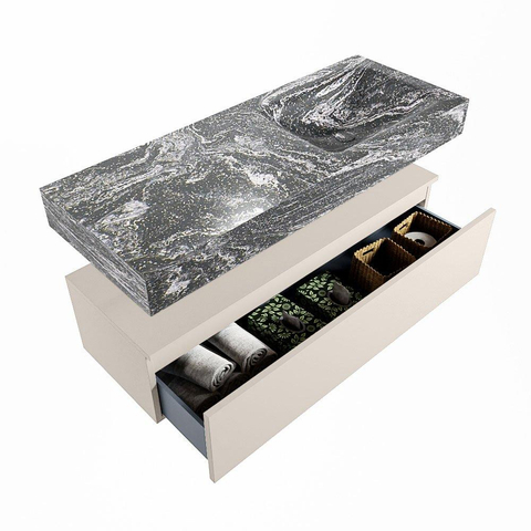 Mondiaz ALAN-DLUX Ensemble de meuble - 120cm - meuble Linen mat - 1 tiroir - Lavabo Cloud Lava suspendu - vasque Droite - 0 trous de robinet SW808019