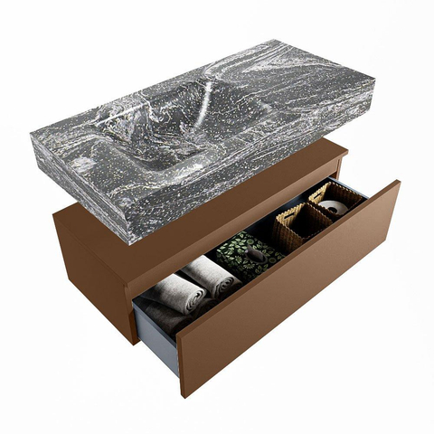 Mondiaz ALAN-DLUX Ensemble de meuble - 100cm - meuble Rust mat - 1 tiroir - Lavabo Cloud Lava suspendu - vasque Gauche - 0 trous de robinet SW808328