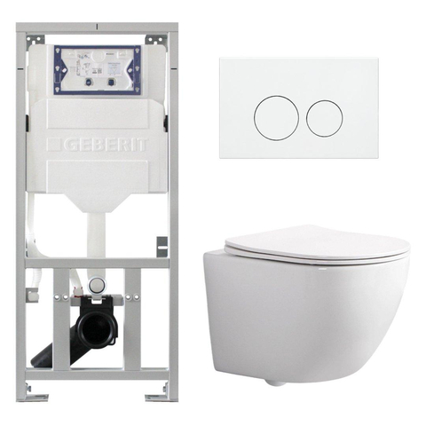 Pack WC QeramiQ Dely Swirl Compact - réservoir encastrable Geberit UP320 - avec bâti-support Burda - abattant slim - plaque de commande en métal blanc mat - boutons ronds - blanc brillant SW1592286