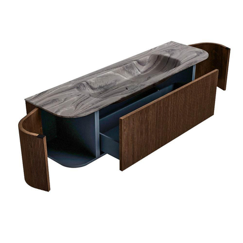 MONDIAZ KURVE-DLUX 160cm badmeubel ronding Links + Rechts kleur Walnut met 1 lade en 2 deuren. Wastafel BIG MEDIUM Midden zonder kraangat Sombra. SW1433669