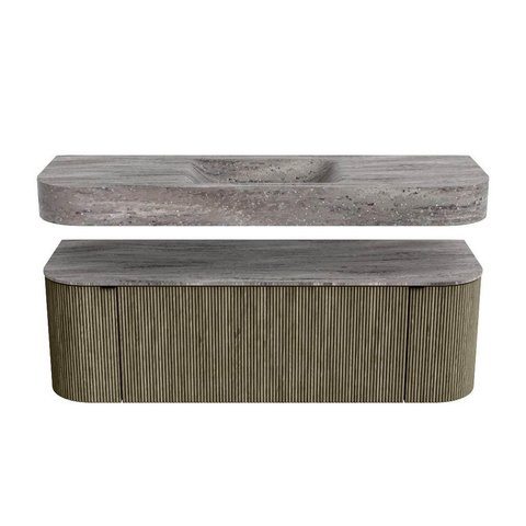 MONDIAZ THOR-DLUX 140cm meuble de salle de bains arrondi gauche + droite couleur Shadow avec 1 tiroir et 2 portes. Vasque suspendue CLOUD Milieu sans trou de robinet couleur Oza. SW1467666