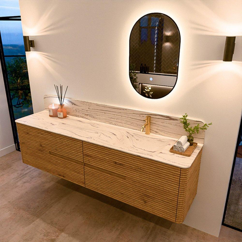 Mondiaz CIRO-DLUX Meuble de salle de bains - 190x45x50cm - Plan vasque solid surface Nata - 1 lavabo à droite - 1 trou de robinetterie - 4 tiroirs - Chêne SW1531480