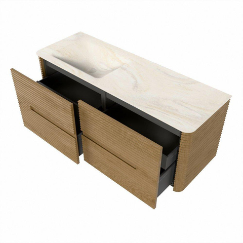 Mondiaz CIRO-DLUX Meuble de salle de bains - 130x45x50cm - Plan-vasque en solid surface Ostra - 1 vasque à gauche - sans trous de robinet - 4 tiroirs - Chêne SW1530921