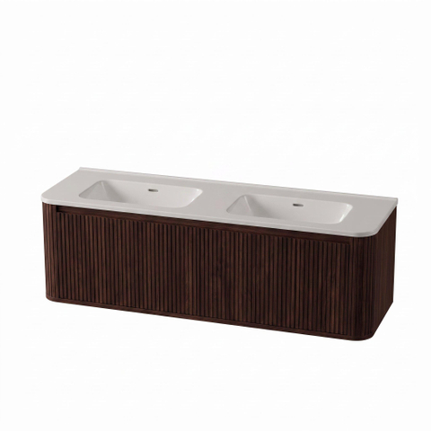 Royal Plaza Terra Edge Ensemble meuble de salle de bains - 140x45.5x46cm - vasque en céramique blanc brillant - 2 vasques - sans trous de robinet - 2 tiroirs - châtaignier (noyer) SW1471943