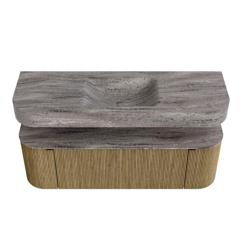 MONDIAZ THOR-DLUX 140cm meuble de salle de bains arrondi gauche + droite couleur Dusk avec 1 tiroir et 2 portes. Vasque suspendue CLOUD Milieu sans trou de robinet couleur Oza. SW1464277