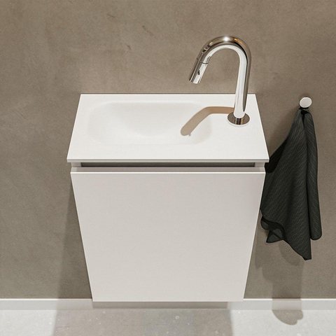 MONDIAZ TURE Kit lave-mains - 40x23x50cm - 1 trou de robinet - 1 porte - lin mat - Lavabo à gauche - Solid Surface Blanc SW475061
