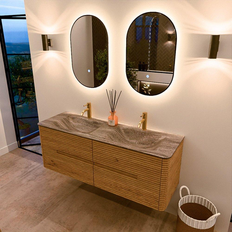 Mondiaz CIRO-DLUX Badkamermeubelset - 140x45x50cm - Solid surface wastafel Oza - 2 wasbak Dubbel - 2 kraangaten - 4 lades - Oak SW1531124