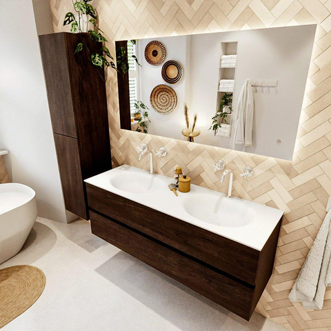 MONDIAZ VICA Ensemble meuble de salle de bains - 140cm - meuble bas dark brown - 2 tiroirs - lavabo moon double - 2 trous de robinet - version haute 60cm - talc SW1082586