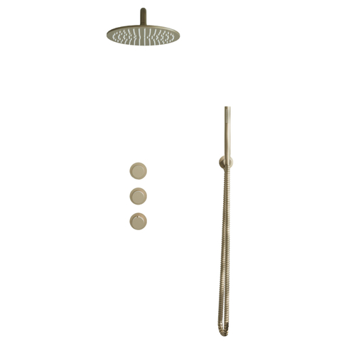 Fortifura Nebbio Regendoucheset - inbouwkraan - inbouwdeel - wandaansluitbocht- doucheslang metaal - staafhanddouche - 35cm wandarm - 30cm ronde hoofddouche - PVD - geborsteld messing (goud) SW1237966