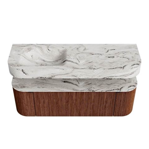 MONDIAZ THOR-DLUX 140cm meuble de salle de bains arrondi gauche + droite couleur Ruby avec 1 tiroir et 2 portes. Vasque suspendue CLOUD Gauche 1 trou de robinet couleur Glace. SW1467665