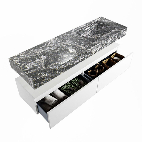 Mondiaz ALAN-DLUX Ensemble de meuble - 150cm - meuble - Talc mat - 2 tiroirs - Lavabo Cloud Lava suspendu - vasque droite - 1 trou de robinet - Noir SW807743