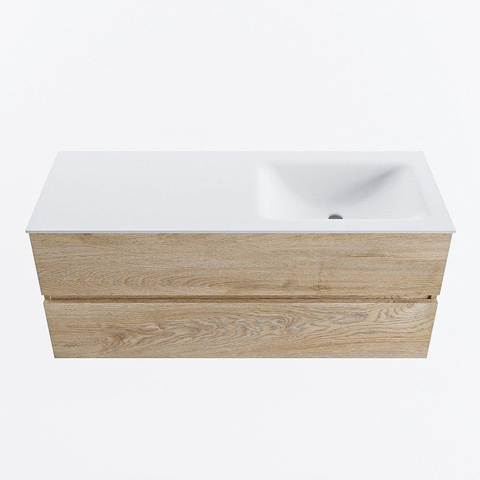 MONDIAZ VICA meuble sous lavabo 120cm Chêne blanchi 2 tiroirs. Lavabo CLOUD à droite sans trou de robinet, couleur Talc. SW1381907