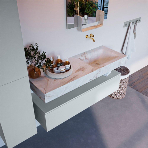 Mondiaz ALAN-DLUX Ensemble de meuble - 130cm - meuble Clay mat - 1 tiroir - Lavabo Cloud Frappe suspendu - vasque Droite - 0 trous de robinet SW805291