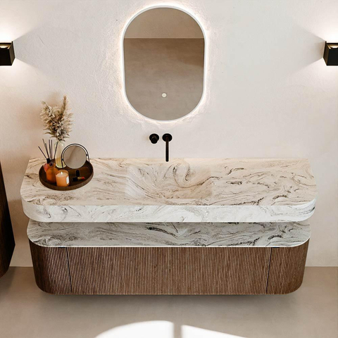 MONDIAZ THOR-DLUX 170cm badmeubel ronding links + rechts kleur Walnut met 1 lade en 2 deuren. Vrijhangende wastafel CLOUD Midden zonder kraangat kleur Glace. SW1465565