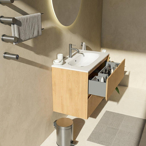 Saniclass Holz Atelier Badkamermeubelset - 80x45x73.9cm - Chaci keramische wastafel wit - 1 wasbak - 1 kraangat - 2 lades - mat eiken natural (hout) SW1478797