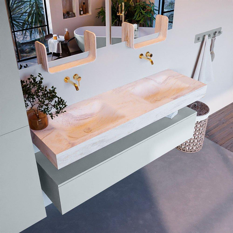 Mondiaz ALAN-DLUX Ensemble de meuble - 150cm - meuble Clay mat - 1 tiroir - Lavabo Cloud Ostra suspendu - vasque Gauche et droite - 0 trous de robinet SW807624