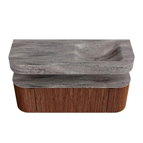 MONDIAZ THOR-DLUX 130cm meuble de salle de bains arrondi gauche + droite couleur Ruby avec 1 tiroir et 2 portes. Vasque suspendue CLOUD Droite 1 trou de robinet couleur Oza. SW1463990